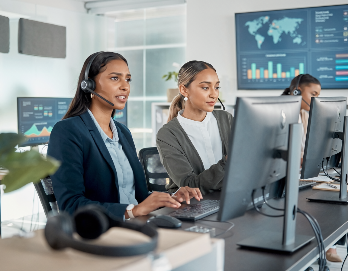 A modern nonprofit fundraising call center during a humanitarian emergency response